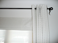 Curtain Header - white cotton pleat and wrought iron scroll pole